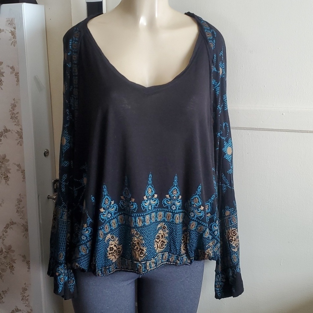 Free People - Black And Gold Medallion Peasant Boho Blouse Size L